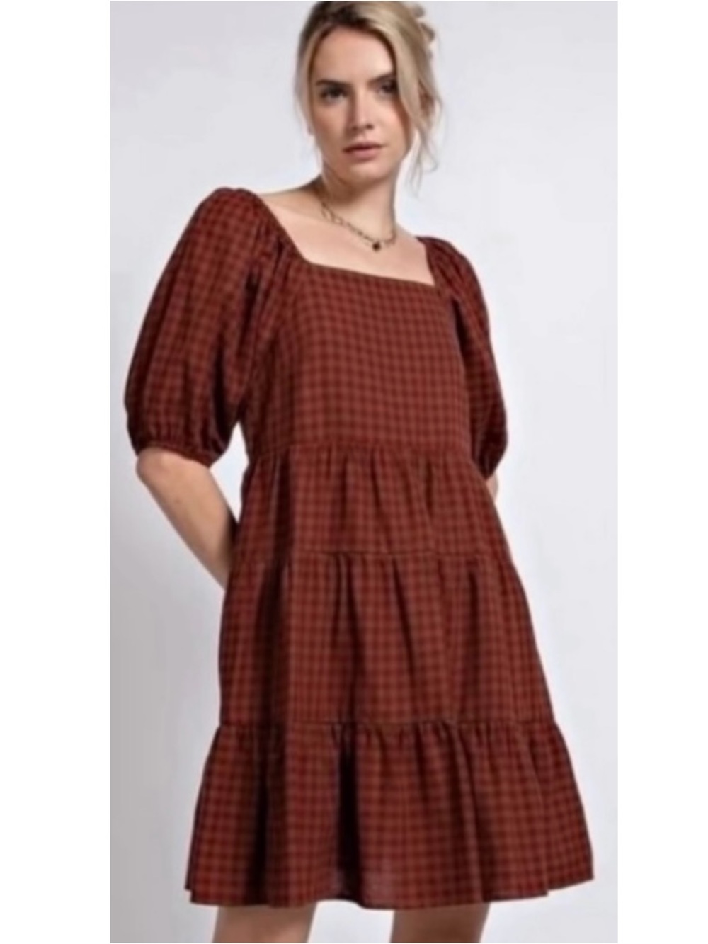Easel Gingham Babydoll Cotton Mini Dress New Medium